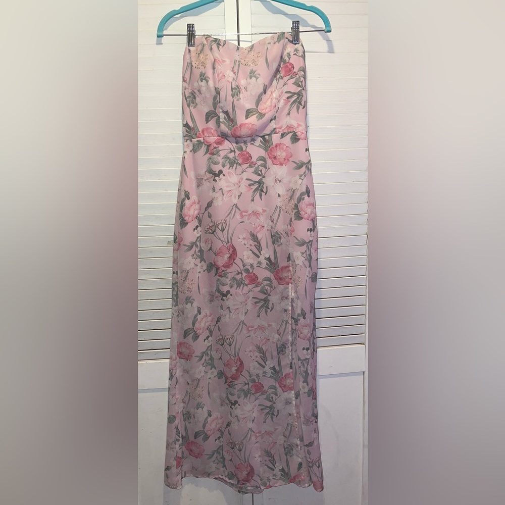 Pink floral strapless, tube top dress